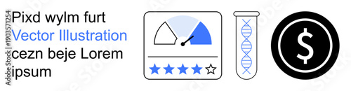 Business analytics, financial evaluation, bioinformatics, market research, science, and economy. Rating meter, DNA strand and dollar symbol. Financial evaluation and bioinformatics concept
