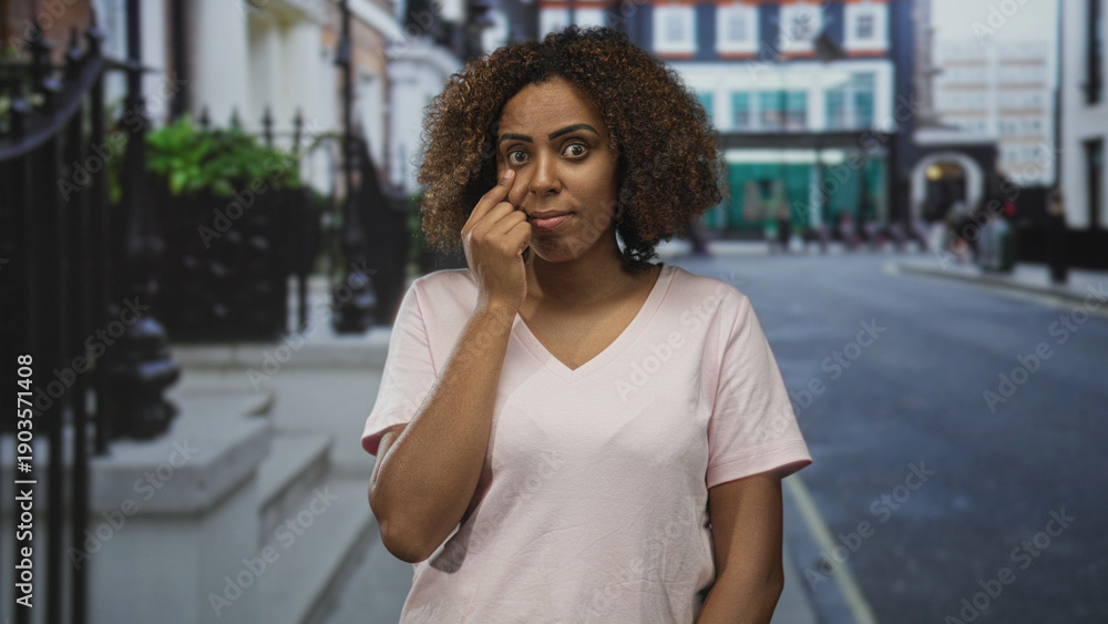 Fototapeta premium Woman in pale pink shirt points finger to lower eyelid in a city street outside shops; health concern.