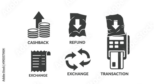 Financial icons illustrate concepts of cashback, refund, exchange,.