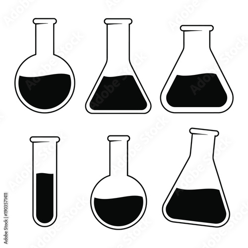 Set of six laboratory glassware with dark liquid isolated on white background icon