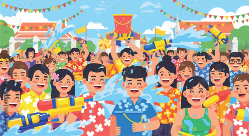 A joyous crowd celebrates with water guns during a festival