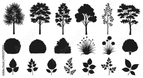 Collection of Silhouetted Trees, Bushes, and Leaves Vector Graphics, Illustrating Various Flora Elements for Design Projects