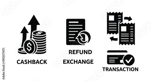 E-commerce icons illustrate cashback, refund exchange, transaction.