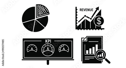 Business dashboard icons feature pie chart, revenue growth, KPI gauges,.