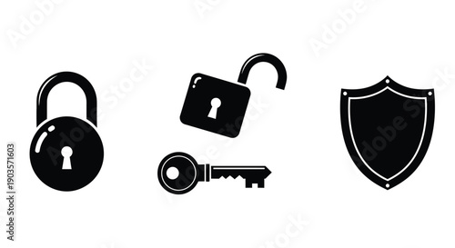 Security icons show a closed lock, key, and shield for digital protection.