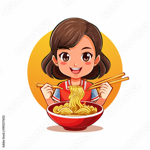 A joyful cartoon girl happily enjoying a delicious bowl of steaming noodles with chopsticks in a bright, cheerful setting