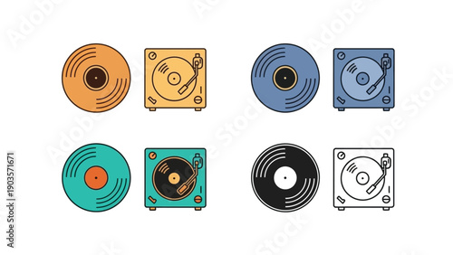 Collection of vintage record players and colorful vinyl discs displayed.