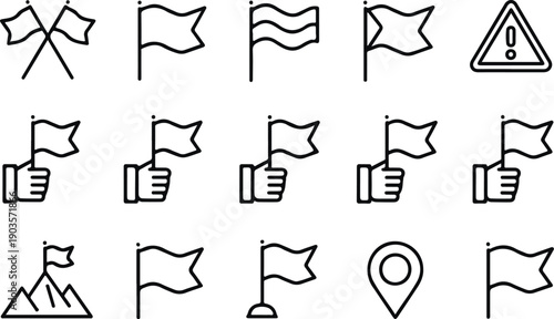 Flag & Banner Flat Vector Icon Set Waving Flags, Location Markers, and Direction Symbols