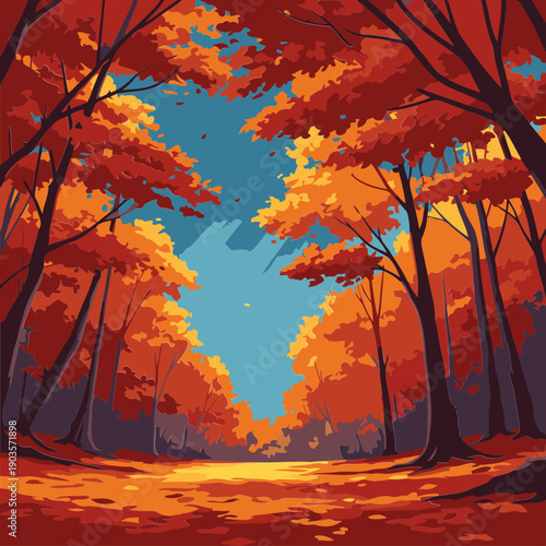 Autumn forest path with vibrant fall colors. Sunlight streams through the trees, illuminating the forest floor covered in fallen leaves.