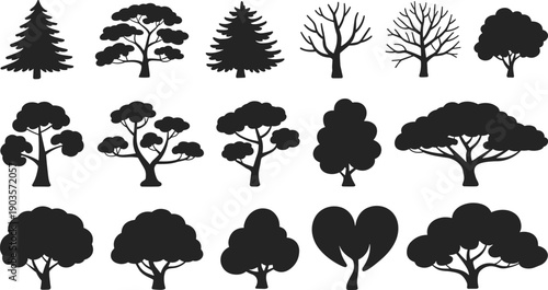 Tree silhouettes set, assorted forest and garden tree shapes, black isolated botanical icons collection on white background illustration