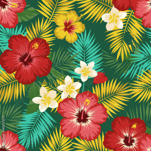 Tropical hibiscus and plumeria floral pattern on a dark green background. Vibrant flowers and lush leaves create a summery design.