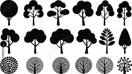 Tree silhouettes set, modern and decorative forest tree icons, black isolated botanical symbols collection on white background illustration