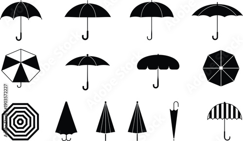 Umbrella silhouettes collection, various open and closed parasol icons, black isolated rain protection symbols on white background illustration