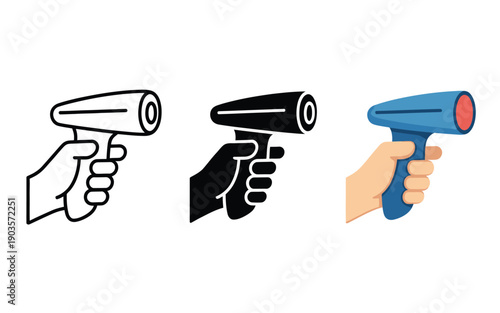 Hand holds a non-contact infrared thermometer presented in line, solid, and colored styles.