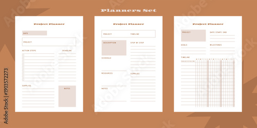 Set of minimalist monochrome abstract planners. Daily, weekly, monthly planner template. Blank printable vertical notebook page with space for notes and goals