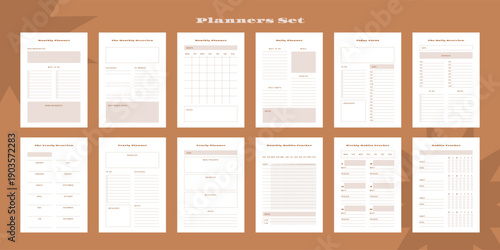 Set of minimalist monochrome abstract planners. Daily, weekly, monthly planner template. Blank printable vertical notebook page with space for notes and goals