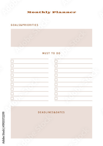 Minimalist abstract monochtome planner. Daily, weekly, monthly planner template. Blank printable vertical notebook page with space for notes and goals