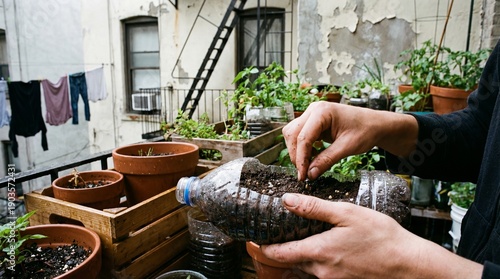 A gardener carefully plants seeds into a repurposed plastic bottle container, highlighting sustainable urban agriculture practices on a weathered city