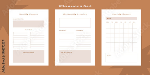 Set of minimalist monochrome abstract planners. Daily, weekly, monthly planner template. Blank printable vertical notebook page with space for notes and goals