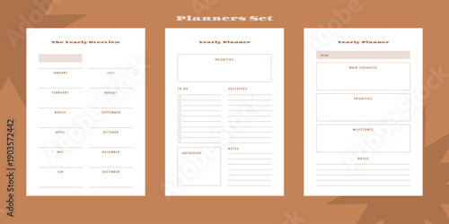 Set of minimalist monochrome abstract planners. Daily, weekly, monthly planner template. Blank printable vertical notebook page with space for notes and goals