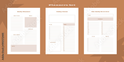 Set of minimalist monochrome abstract planners. Daily, weekly, monthly planner template. Blank printable vertical notebook page with space for notes and goals