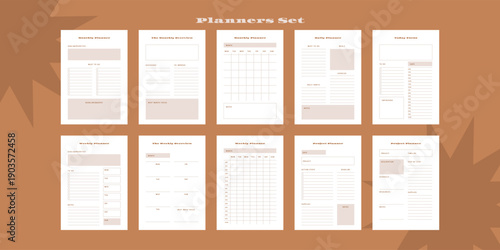 Set of minimalist monochrome abstract planners. Daily, weekly, monthly planner template. Blank printable vertical notebook page with space for notes and goals