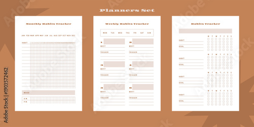 Set of minimalist monochrome abstract planners. Daily, weekly, monthly planner template. Blank printable vertical notebook page with space for notes and goals