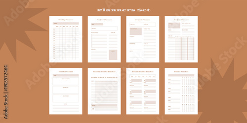 Set of minimalist monochrome abstract planners. Daily, weekly, monthly planner template. Blank printable vertical notebook page with space for notes and goals