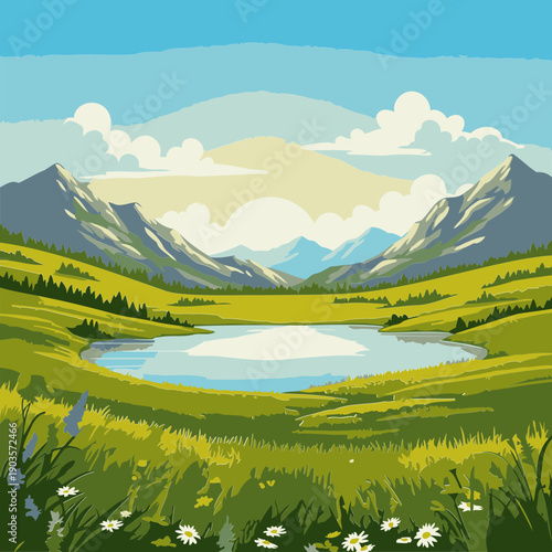 Vibrant, detailed illustration of a serene mountain meadow scene with a lake at sunrise, perfect for advertising or editorial use in nature or travel-related publications.
