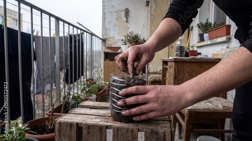Dirty hands are carefully placing small seeds into recycled plastic bottle containers filled with potting soil for urban gardening on a weathered balc