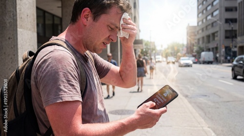 A struggling man wipes sweat from his brow while checking a critical 42°C heatwave warning notification on his smartphone during a dangerous urban hea