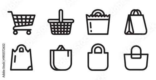 Boutique shopping bag icons set including plastic carriers paper gift bags and supermarket baskets