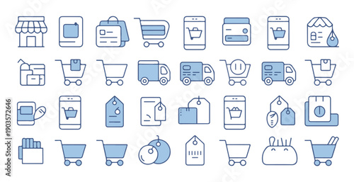 Set of shopping and delivery related line icons in blue and white colors