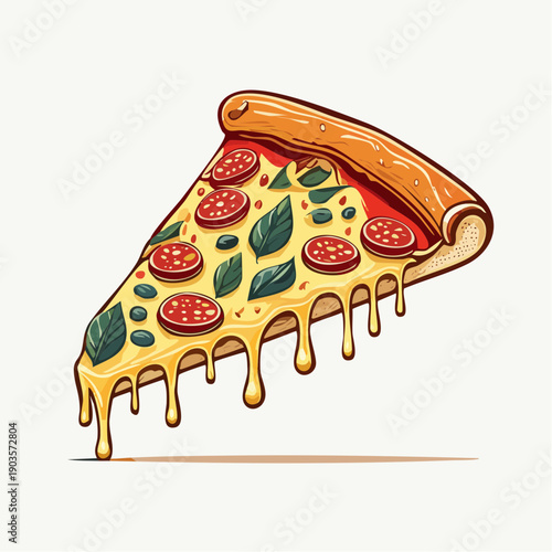 A delicious slice of pizza with melted cheese, pepperoni, and fresh basil leaves, perfect for a quick meal or a satisfying snack