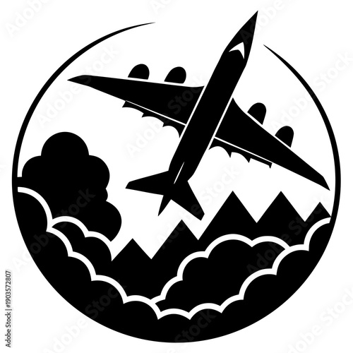 Cinematic Mood Black and White Airplane Silhouette Flight isolated on White Background