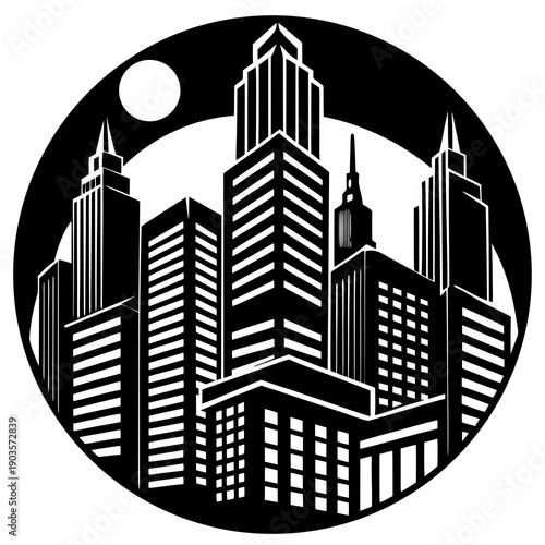 Modern Monochromatic Cityscape at Night in Minimalist Style with Melancholic Mood isolated on White Background