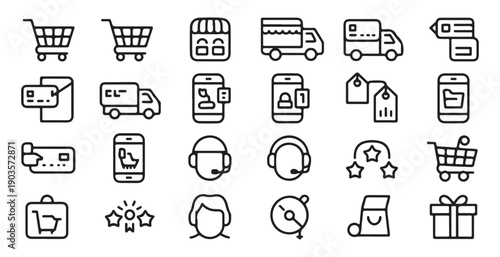 Collection of shopping icons including carts, credit cards, delivery trucks, tags and gift boxes
