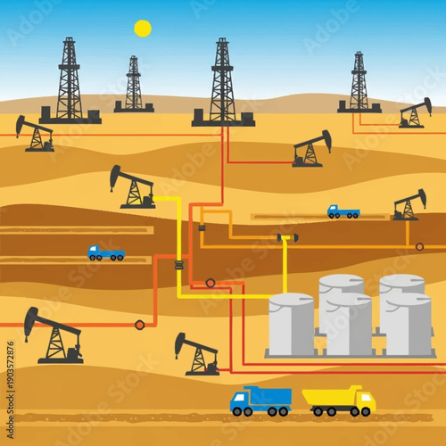 Oil field with derricks, pumpjacks, and storage tanks connected by pipelines.