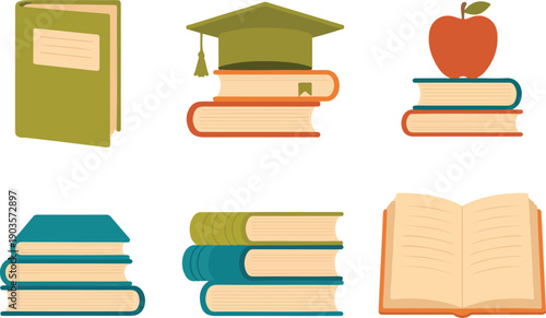 Education Book Flat Vector Illustration Set Textbooks, Graduation Cap, and Open Book Symbols
