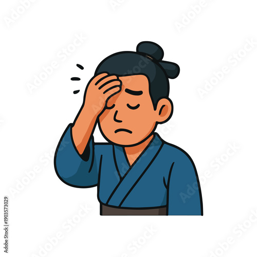 Sad man holding head with worried face. Asian man feeling regret or headache. Tired character showing stress and frustration.