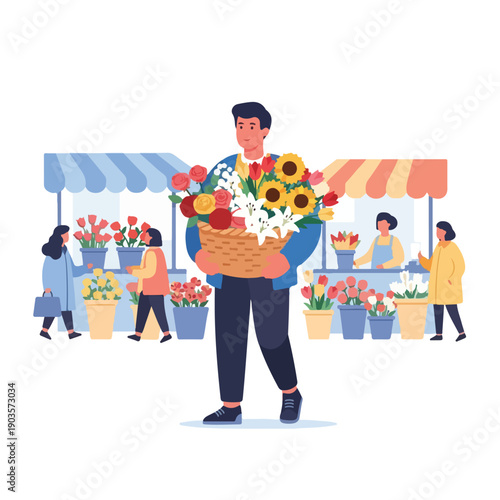 A man carrying a large basket of flowers near flower vendors