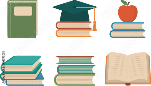 Education Book Flat Vector Illustration Set Textbooks, Graduation Cap, and Open Book Symbols