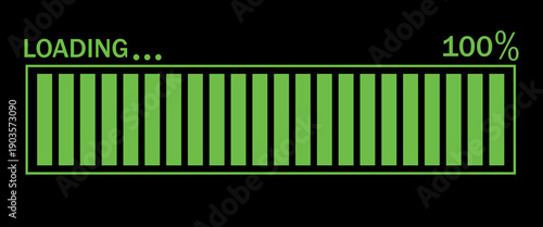 Vector illustration of a green loading bar isolated on a black background for websites and graphic resources. 100% loaded bar.