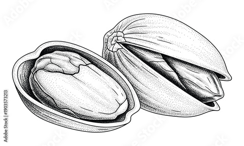 Pistachio nut vector illustration with open shell and seed in engraving style