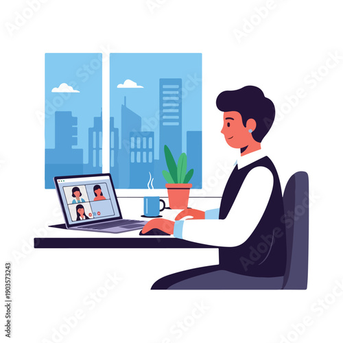 A man in a vest at a desk participates in a video conference call