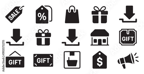Marketing and promotional icon set including sale tags gift certificates megaphone and store front