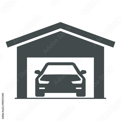Simple gray garage with car parked inside garage door open icon