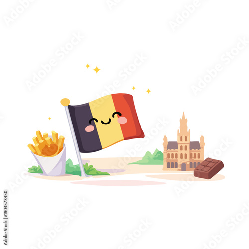 Belgium Flag Cute Illustration With National Food And Landmarks. Belgian Culture Cartoon Design Featuring Flag Fries Chocolate And Architecture