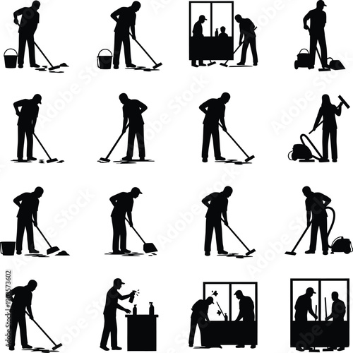 Professional Janitorial Silhouettes Set for Commercial Cleaning and Maintenance Services