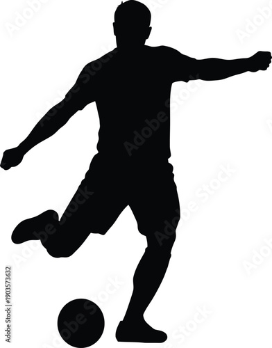 A silhouette of a soccer player kicking a ball with dynamic movement.